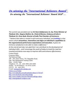 On winning the “International Achievers Award” Pune, India - TheRedwoodedge