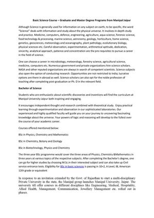 Basic Science Course – Graduate and Master Degree Programs from Manipal Jaipur