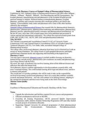 Study Pharmacy Courses at Manipal College of Pharmaceutical Sciences