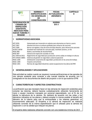 PERFORACIÓN DE CÁMARA DE INSPECCIÓN EXISTENTE, ABOCADA PARA NUEVA TUBERÍA Y RESANE