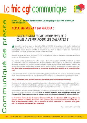 COMMUNIQUE CGT SUR OPA de SOLVAY sur  RHODIA  du 5 avril 2011
