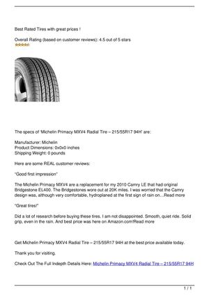 Michelin Primacy MXV4 Radial Tire – 215/55R17 94H