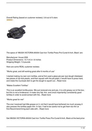 IMUSA VICTORIA-85008 Cast Iron Tortilla Press Pre-Cured 8-Inch, Black