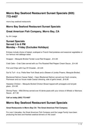 Morro Bay Seafood Restaurant Sunset Specials (805) 772-4407
