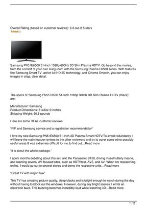 Samsung PN51E6500 51-Inch 1080p 600Hz 3D Slim Plasma HDTV (Black) Review