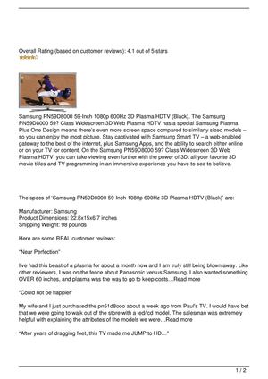 Samsung PN59D8000 59-Inch 1080p 600Hz 3D Plasma HDTV (Black) Review