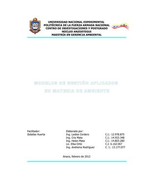 Materia: Sistemas de Gestion. Tema: MOdelos de gestion aplicados en materia de ambiente