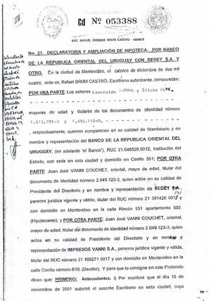 Ampliación Contrato de Hipoteca - Diciembre 2004 NO INFORMADO AL BANCO CENTRAL