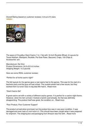 Excalibur Giant Casino 7-in-1 Set with 16-Inch Roulette Wheel, 6 Layouts for Texas Hold’em, Blackjack, Roulette, Pai Gow Poker, Baccarat, Craps, 100 Chips & Accessories Review