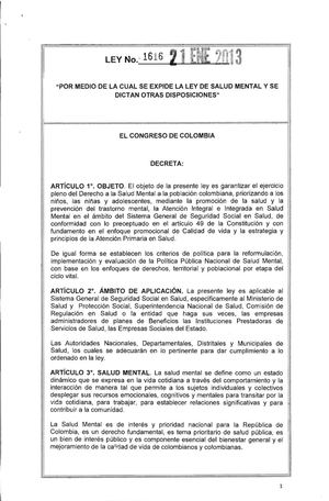 LEY 1616 DEL 21 DE ENERO DE 2013 Ley de salud mental