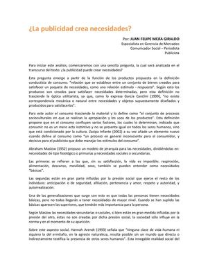 Pregunta la publicidad crea necesidades