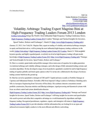 Volatility Arbitrage Trading Expert Magrino Bini at High-Frequency Trading Leaders Forum 2013 London