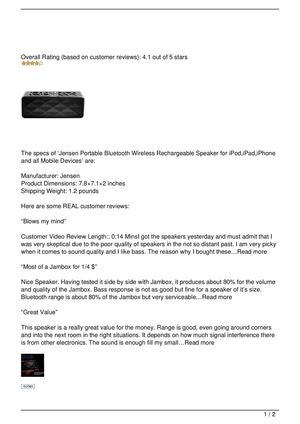 Jensen Portable Bluetooth Wireless Rechargeable Speaker for iPod,iPad,iPhone and all Mobile Devices