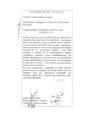 Carta de recomendacion y aval profesional de Turarte a lazarte PDF in spanish