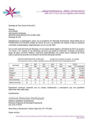 INFORMACION PROGRAMA DE RECICLAJE FUNDACION LILA MUJER