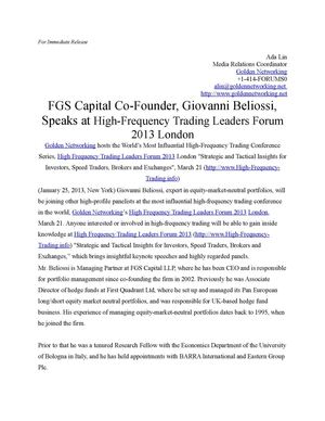 FGS Capital Co-Founder, Giovanni Beliossi, Speaks at High-Frequency Trading Leaders Forum 2013 London