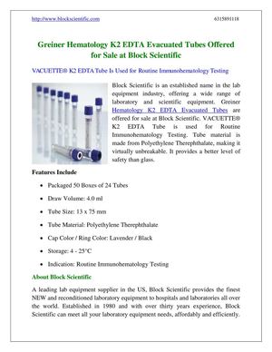 Greiner Hematology K2 EDTA Evacuated Tubes Offered for Sale at Block Scientific