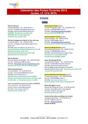 CIO Yonne - Calendrier des portes ouvertes lycées 2013