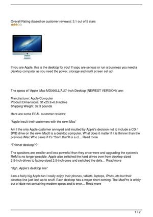 Apple iMac MD095LL/A 27-Inch Desktop (NEWEST VERSION) Review