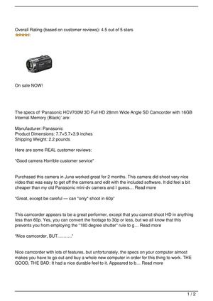 Panasonic HCV700M 3D Full HD 28mm Wide Angle SD Camcorder with 16GB Internal Memory (Black) Review