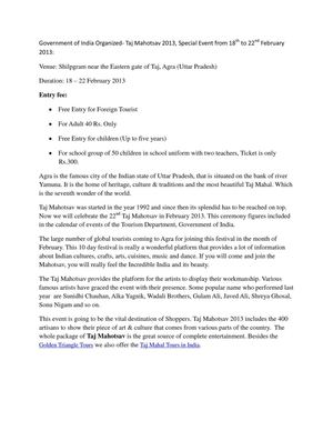 Taj Mahotsav Theme 2013- Special Event (18th to 22nd ) Organized by Government of India: