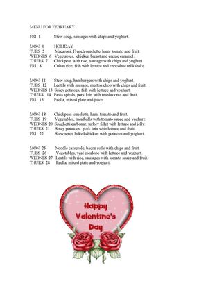 menu for february