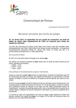 CP Hausse des tarifs de la SAPN pour 2013