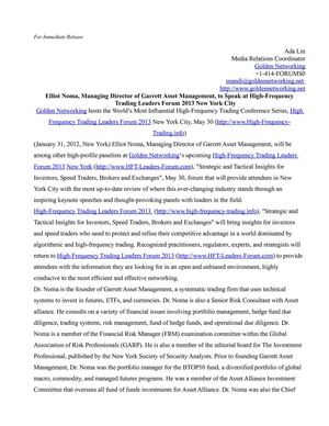 Elliot Noma, Managing Director of Garrett Asset Management, to Speak at High-Frequency Trading Leaders Forum 2013 New York City