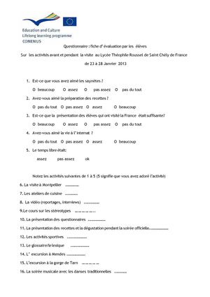 Questionnaire d'évaluation du projet -2e rencontre par les élèves
