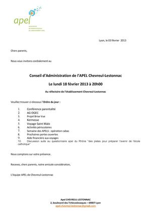 Convocation CA 18 février 2013 APEL Lyon