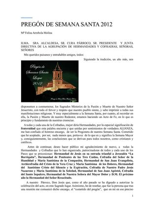 Pregón de Semana Santa 2012 de Mª Felisa Arrebola Molina