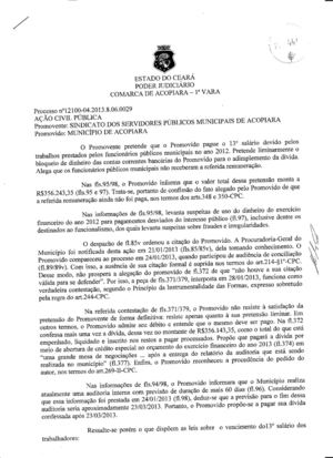 Processo de Bloqueio das contas da Prefeitura de Acopiara (13º SALÁRIO)