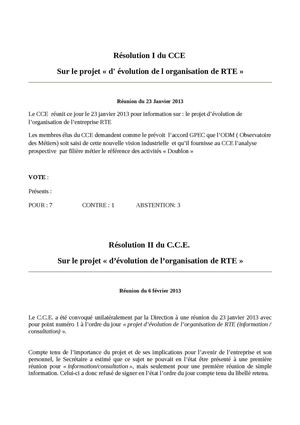 Résolution sur la réorganisation de RTE - reunion du 6 fevrier 2013