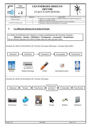 Fiche connaissance énergie 2 5eme