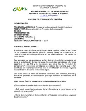 SYLLABUS DISEÑO Y GESTIÓN DE PROYECTOS DE COMUNICACIÓN