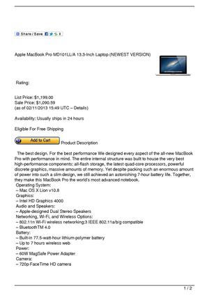 Apple MacBook Pro MD101LL/A 13.3-Inch Laptop (NEWEST VERSION)