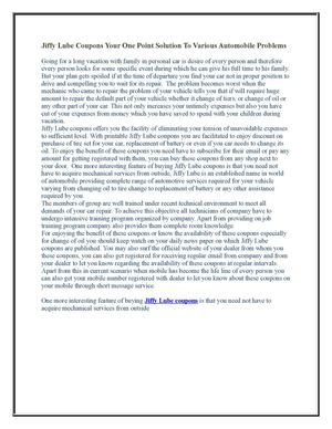 Jiffy Lube Coupons your one point solution to various automobile problems