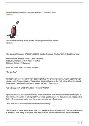 Snap-on 870552 Electric Pressure Washer