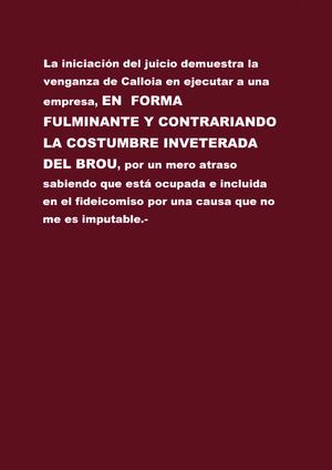 LA INICIACION DEL JUICIO DEMUESTRA LA VENGANZA DE CALLOIA EN EJECUTAR A UNA EMPRESA, EN FORMA FULMINANTE Y CONTRARIANDO LA COSTUMBRE INVETERADA DEL BROU
