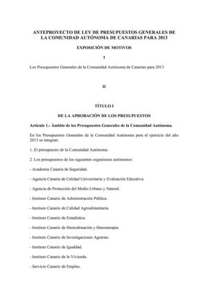 ANTEPROYECTO DE LEY DE PRESUPUESTOS GENERALES DE LA COMUNIDAD AUTONOMA DE CANARIAS PARA 2013