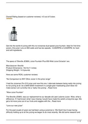 Breville JE98XL Juice Fountain Plus 850-Watt Juice Extractor