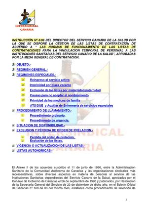 NORMAS DE FUNCIONAMIENTO DE LAS LISTAS DE CONTRATACIONES PERSONAL A LAS INSTITUCIONES SANITARIAS DEL SERVICIO CANARIO DE SALUD