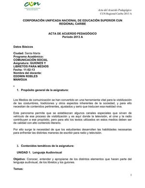 ACTA DE ACUERDO PEDAGOGICO-GUIONES Y LIBRETO PARA MEDIOS- 2013A