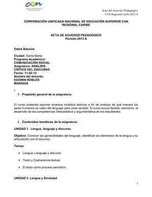 ACTA DE ACUERDO PEDAGOGICO-ANALISIS CRITICO DEL DISCURSO- 2013A
