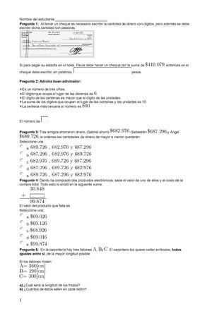 Cuestionario Supérate área de Matemáticas grado quinto