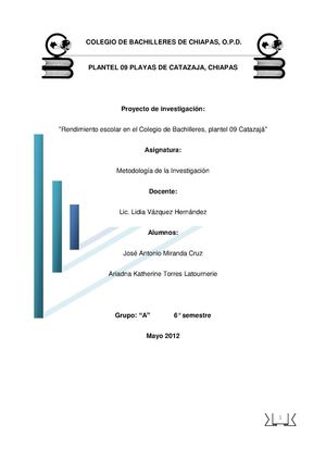 Rendimiento escolar en el Colegio de Bachilleres, plantel 09 Catazajá