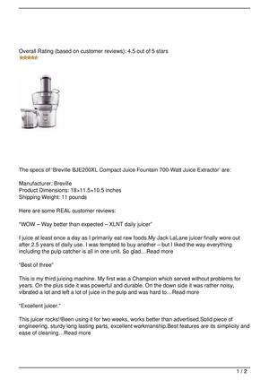 Breville BJE200XL Compact Juice Fountain 700-Watt Juice Extractor