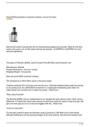 Breville JE98XL Juice Fountain Plus 850-Watt Juice Extractor