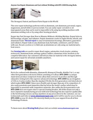 Anyone Can Repair Aluminum and Cast without Welding with HTS-2000 Brazing Rods.