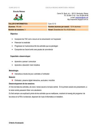 Programació del Taller d'informàtica d'Educació Infantil-Escola Reixac